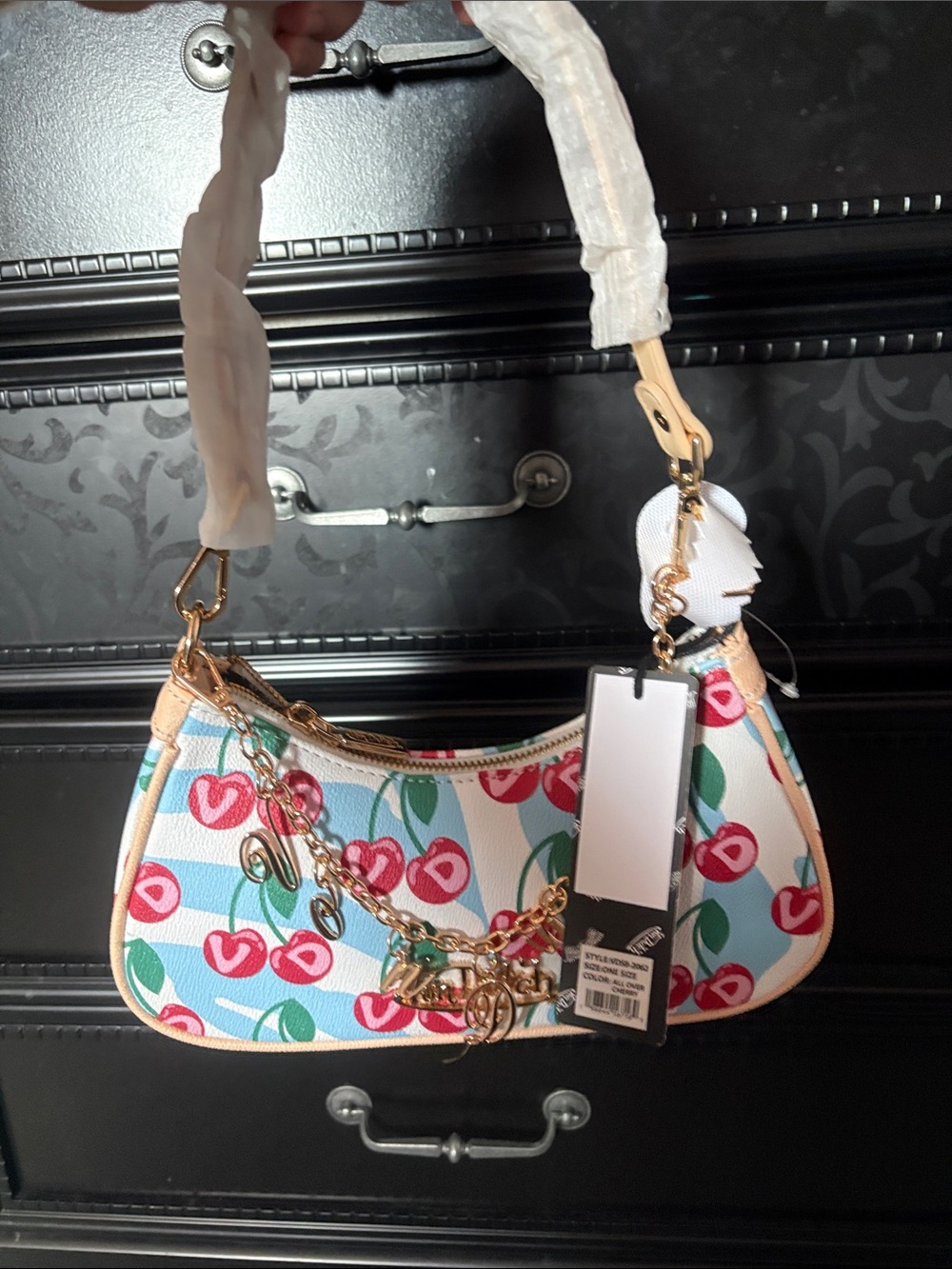 Von Dutch White Mini Shoulder Bag with Pink Cherry Print and Gold Hardware